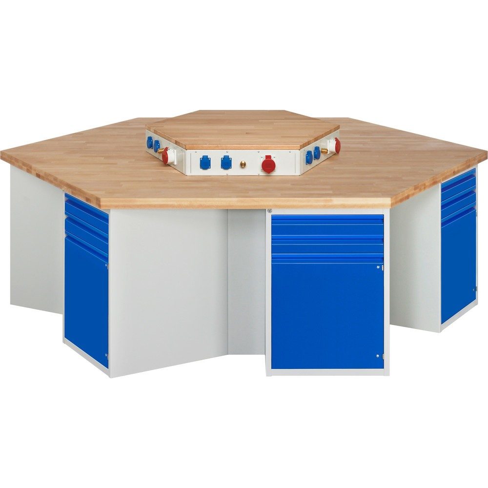 RAU Gruppenwerkbank Serie 4000, Energieaufsatz, 6 Container, HxBxT 840 x 2.700 x 2.340 mm, 6 Flügeltüren, 12 x 90%-Auszug-Schubladen mit Griffkantung