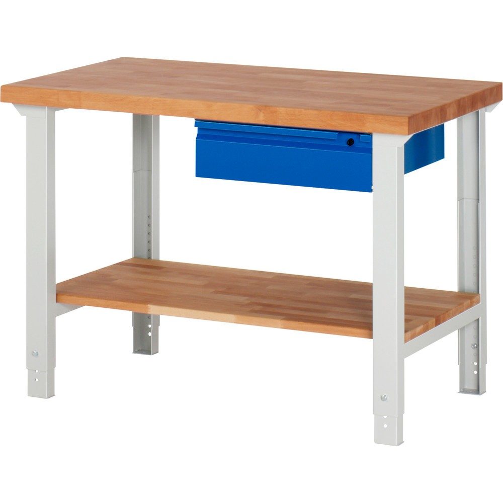 RAU Werkbank Serie 7000, HxBxT 790-1.140 x 1.250 x 700 mm, 1 Ablageboden, 1 Schublade, integrierte Griffleiste