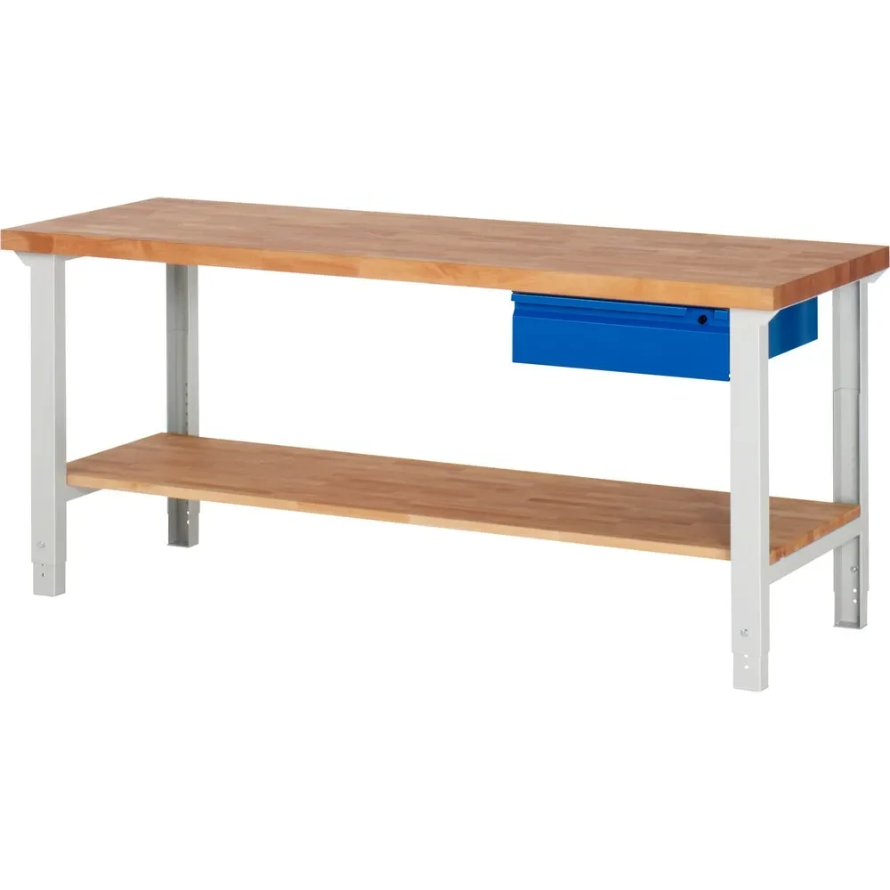 RAU Werkbank Serie 7000, HxBxT 790-1.140 x 2.000 x 700 mm, 1 Ablageboden, 1 Schublade, integrierte Griffleiste