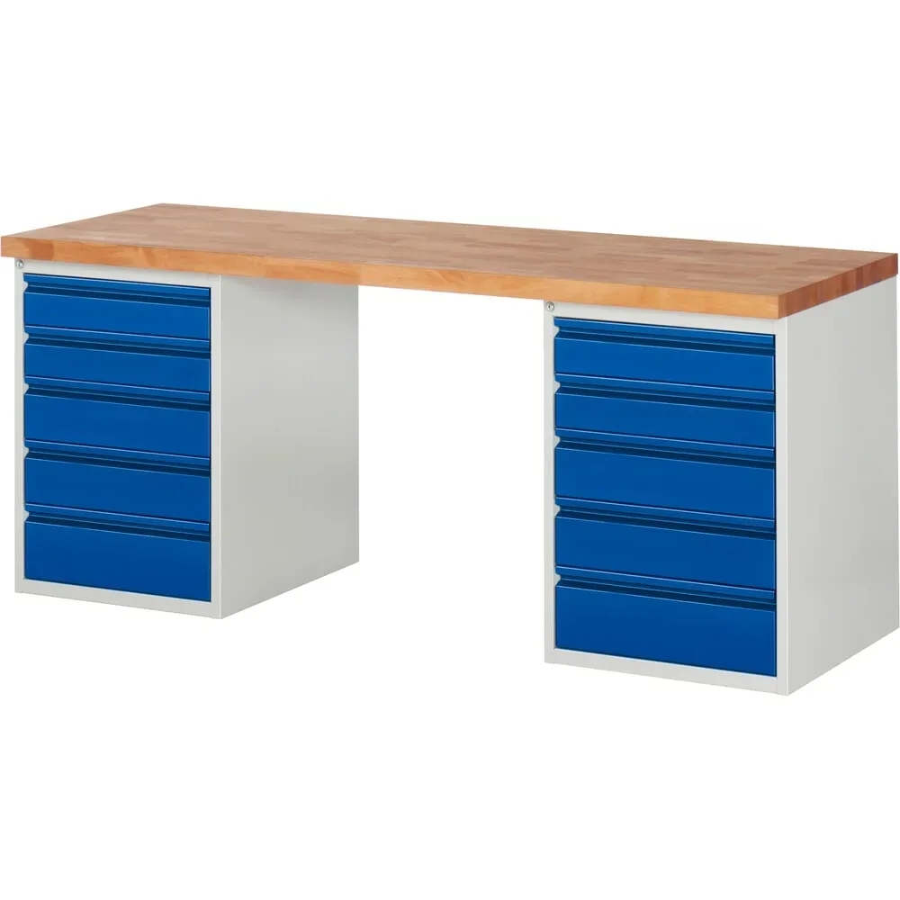 RAU Werkbank Serie 7000, 2 Container, HxBxT 890 x 1.500 x 700 mm, 10 x 90%-Auszug-Schubladen 4 x 120, 4 x 150, 2 x 180 mm, integrierte Griffleiste