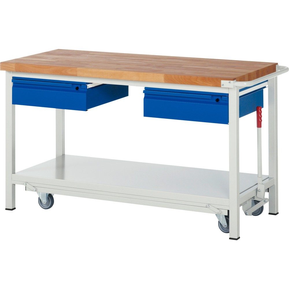 RAU Werkbank Serie 8000 mit absenkbarem Fahrgestell, 2 Schubladen, 1 Ablageboden, HxBxT 880 x 1.500 x 700 mm, 2 Schubladen