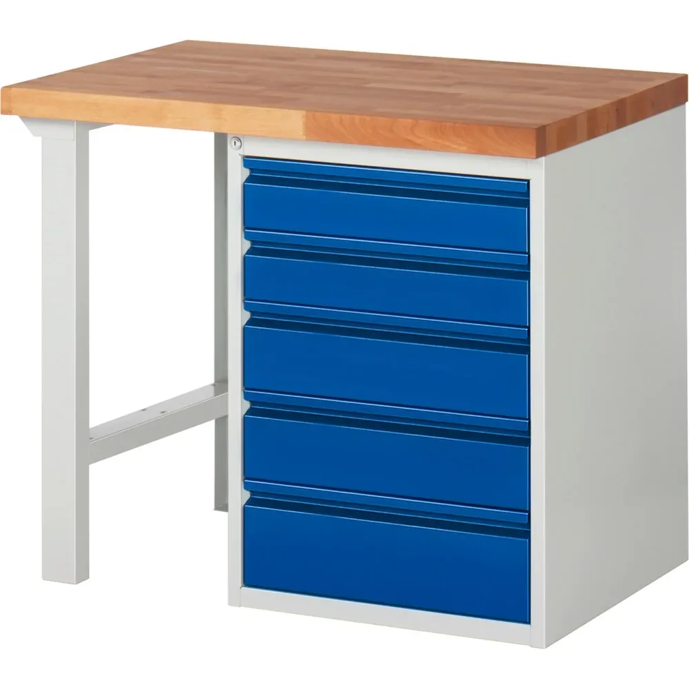 RAU Werkbank Serie 7000, 1 Container, HxBxT 840 x 1.000 x 700 mm, 5 x 90%-Auszug-Schubladen 2 x 120, 2 x 150, 1 x 180 mm, Schubladen-TK 100 kg