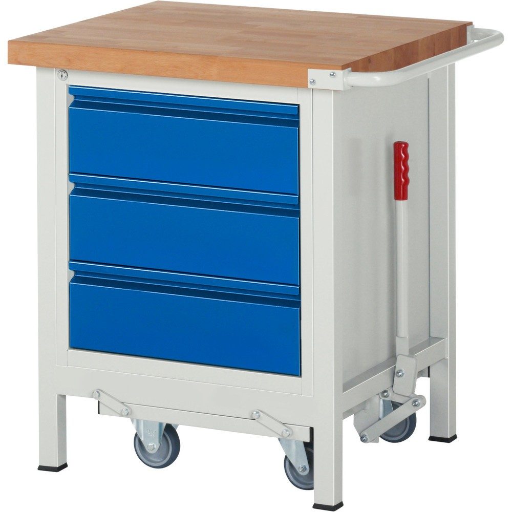 RAU Werkbank Serie 8000 mit absenkbarem Fahrgestell, 1 Container, HxBxT 880 x 750 x 700 mm, 3 x 90%-Auszug-Schubladen, Breite 490 mm, Griffleiste