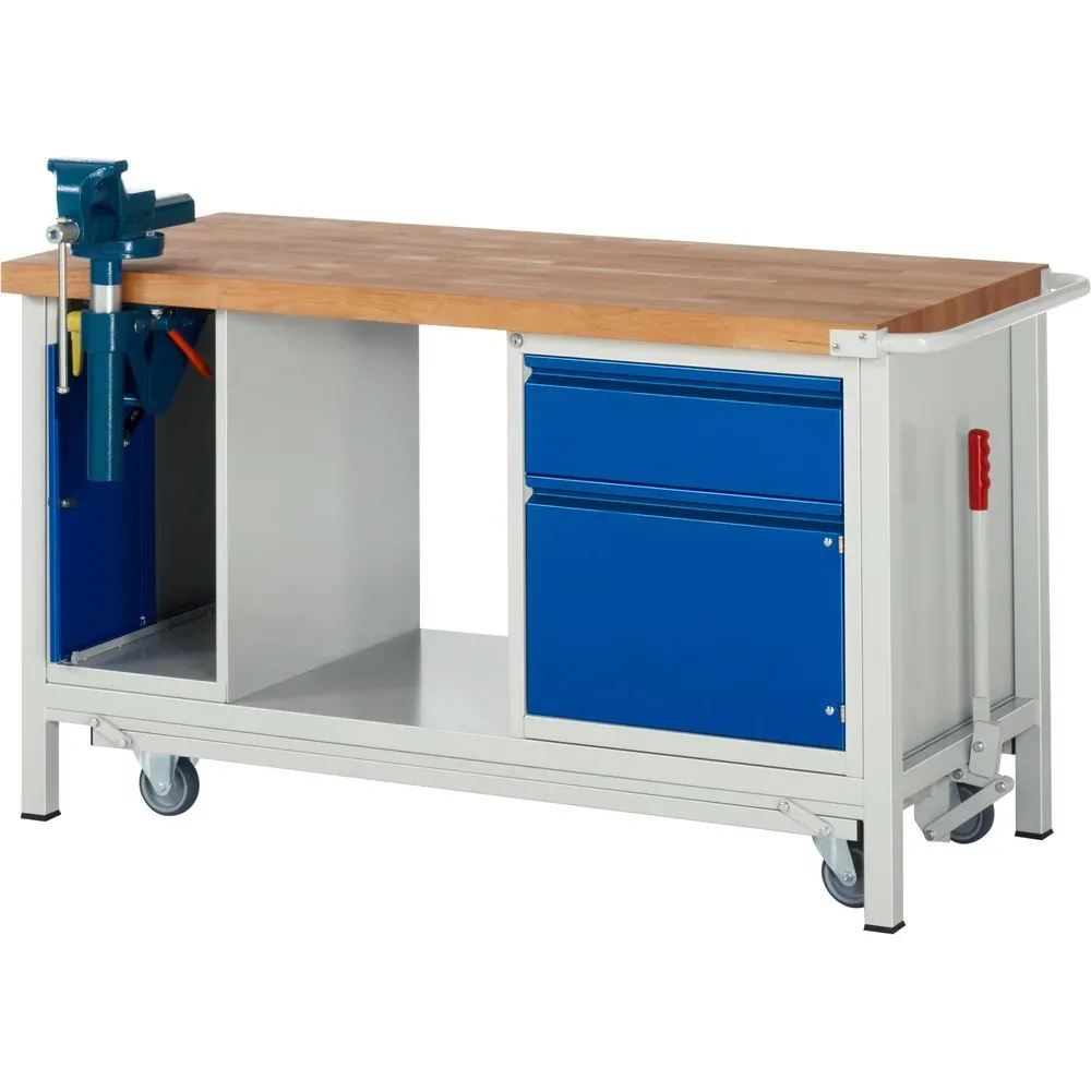 RAU Werkbank Serie 8000 mit absenkbarem Fahrgestell, 2 Container, 1 Ablageboden, HxBxT 880 x 1.500 x 700 mm, 1 x 90%-Auszug-Schubladen, 1 Flügeltür, Schraubstock, Griffleiste