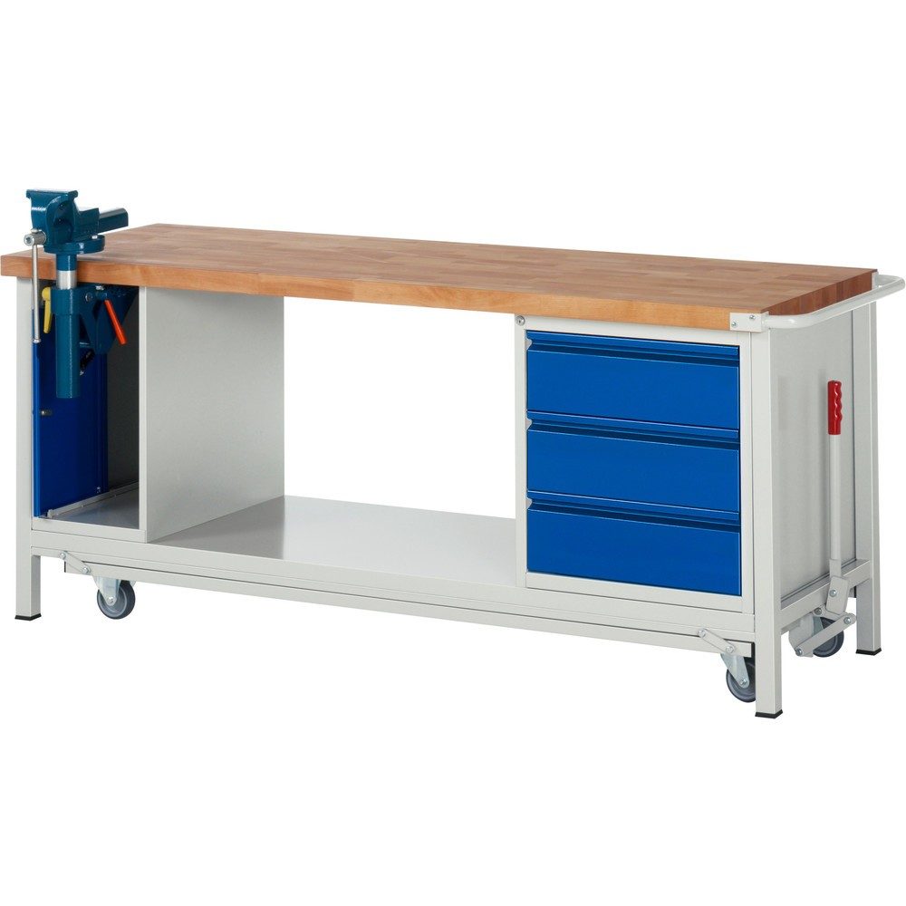 RAU Werkbank Serie 8000 mit absenkbarem Fahrgestell, 2 Container, 1 Ablageboden, HxBxT 880 x 2.000 x 700 mm, 3 x 90%-Auszug-Schubladen, integrierte Griffleiste
