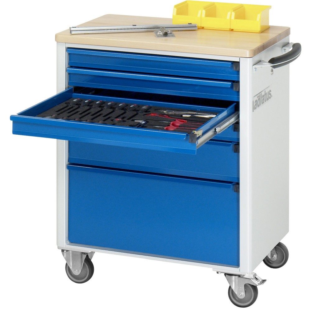 RAU Werkzeugwagen Serie adlatus 700, HxBxT 860 x 700 x 510 mm, 6 Schubladen 4 x 65, 1 x 130, 1 x 260 mm, Arbeitsplatte Buche