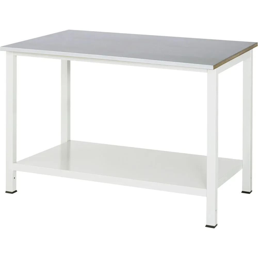 RAU Werktisch 900 mit Ablageboden Tiefe 650 mm, HxBxT 825 x 1.250 x 800 mm, Arbeitplatte Edelstahlblech-Belag