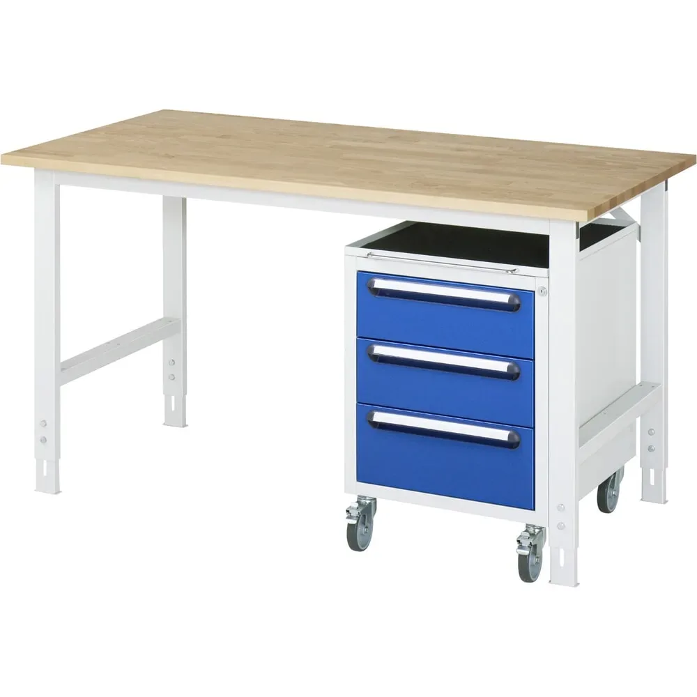 kaiserkraft Arbeitstisch mit Schubladenschrank, Roll-Container mit 3 Schubladen 2 x 150, 1 x 180 mm, BxT 1500 x 800 mm, B-Platte, Stärke 25 mm