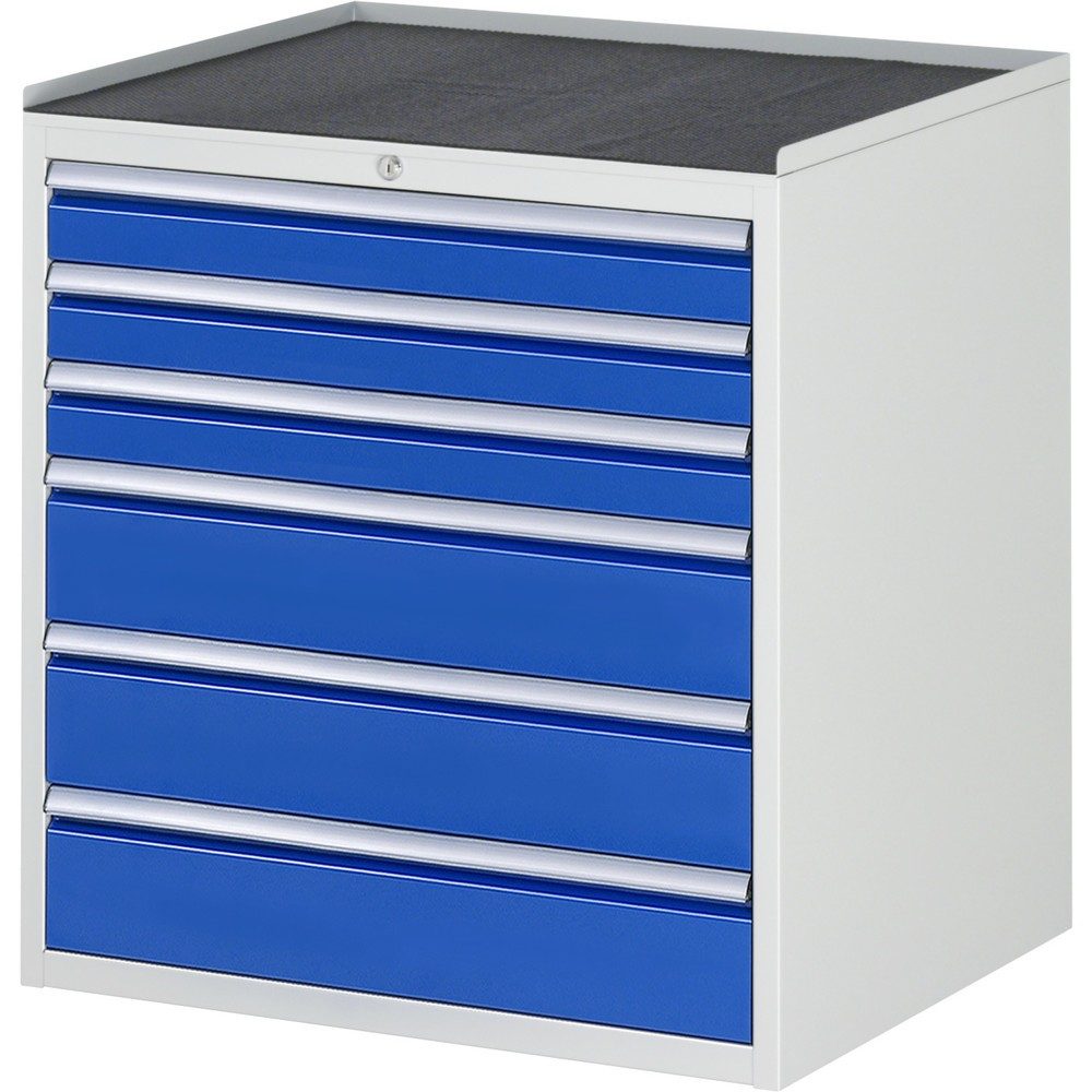 RAU Schubladenschrank Serie 7000, HxBxT 825 x 770 x 650 mm, 6 x 90%-Auszug-Schubladen 3 x 90, 3 x 150 mm, Arbeitsplatte Metall