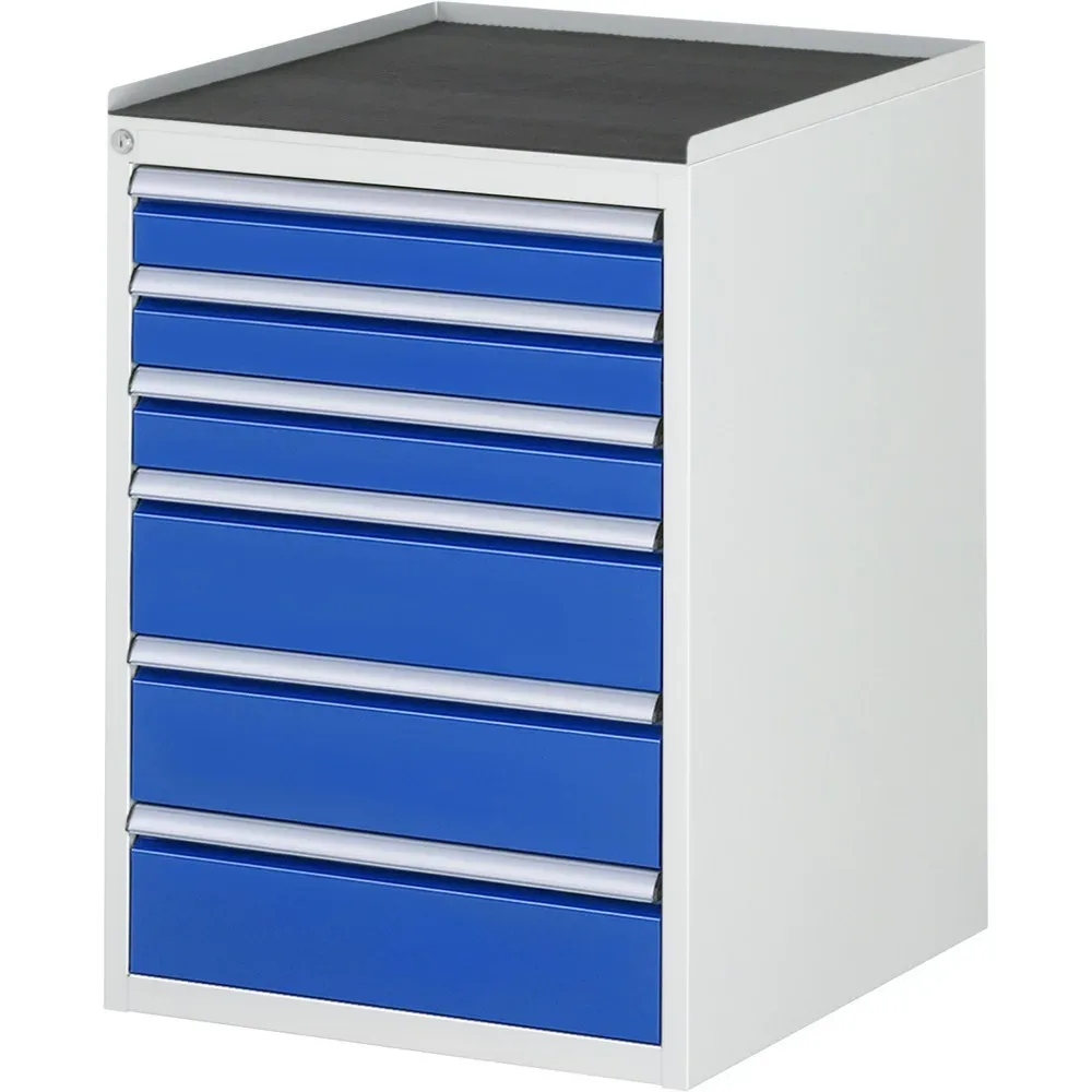 RAU Schubladenschrank Serie 7000, HxBxT 825 x 580 x 650 mm, 6 x 100%-Auszug-Schubladen 3 x 90, 3 x 150 mm, Arbeitsplatte Metall