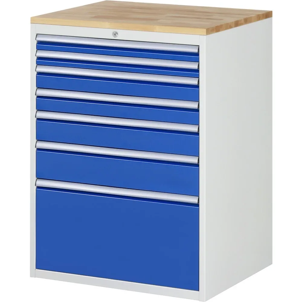 RAU Schubladenschrank Serie 7000, HxBxT 1.035 x 770 x 650 mm, 7 x 100%-Auszug-Schubladen 2 x 60, 2 x 90, 1 x 120, 1 x 150, 1 x 360 mm, Arbeitsplatte Buche
