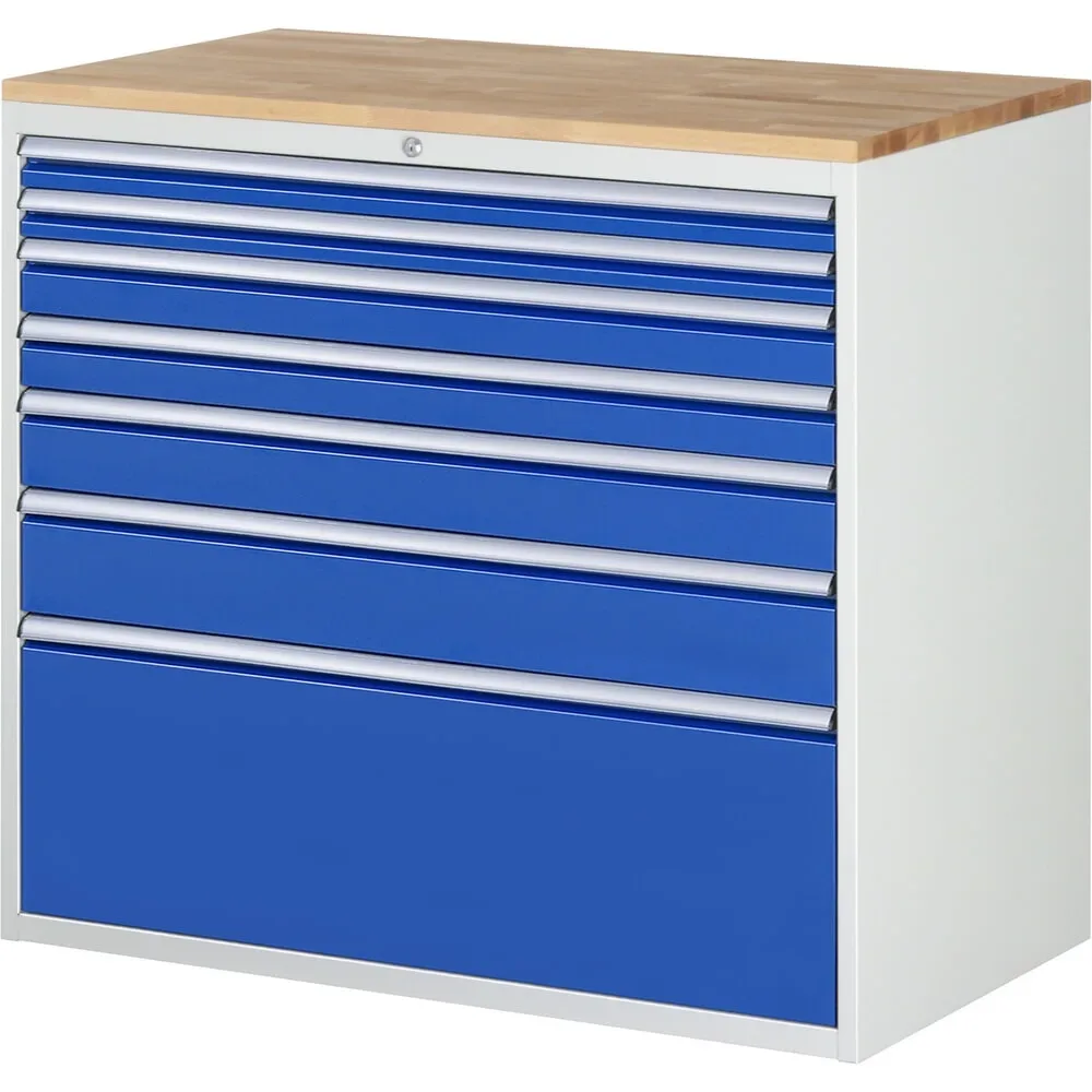 RAU Schubladenschrank Serie 7000, HxBxT 1.035 x 1.145 x 650 mm, 7 x 90%-Auszug-Schubladen 2 x 60, 2 x 90, 1 x 120, 1 x 150, 1 x 360 mm, Arbeitsplatte Buche