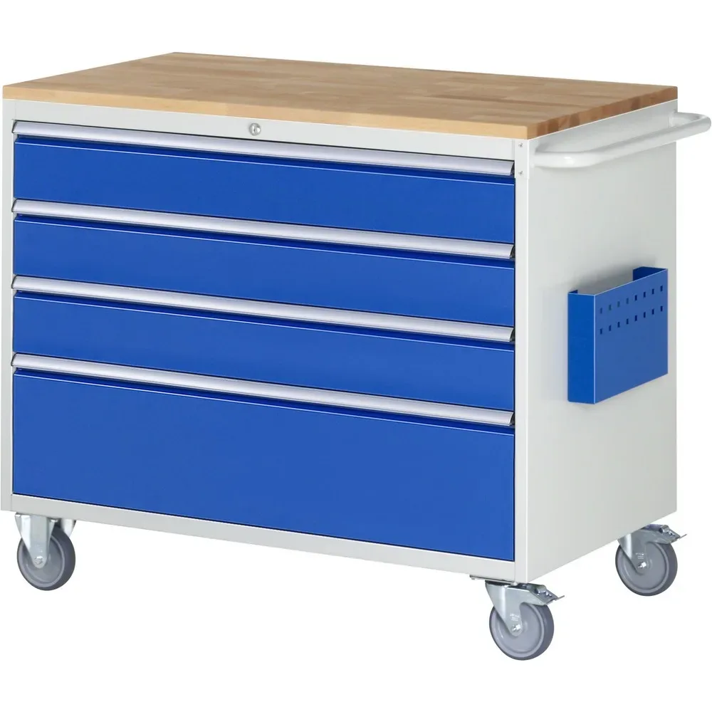 RAU Werkstattwagen Serie 7000, HxBxT 975 x 1.145 x 650 mm, 4 x 100%-Auszug-Schubladen 3 x 150, 1 x 270 mm, Arbeitsplatte Buche