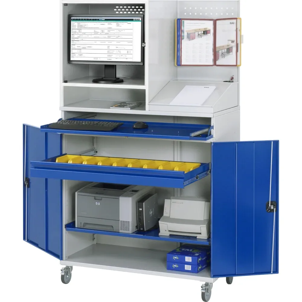RAU mobiler Computer-Schrank, Monitorgehäuse, Tastaturauszug, Doppel-Flügeltür, Lochplattenrückwand, Schubladenanzahl x H x B: 1 x 80 x 1.020 mm