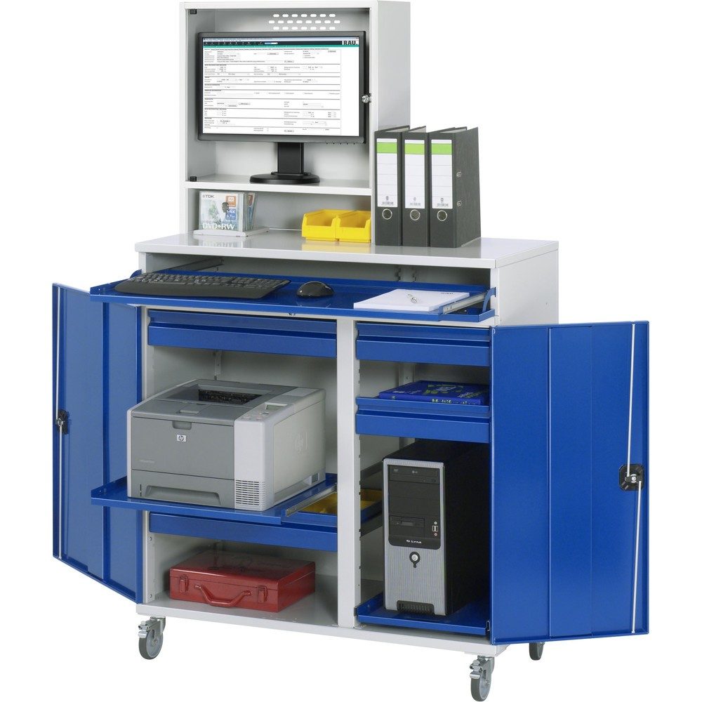 RAU mobiler Computer-Schrank, Monitorgehäuse, Tastaturauszug, Doppel-Flügeltür, Schubladenanzahl x H x B: 4 x 80 x 450-650 mm
