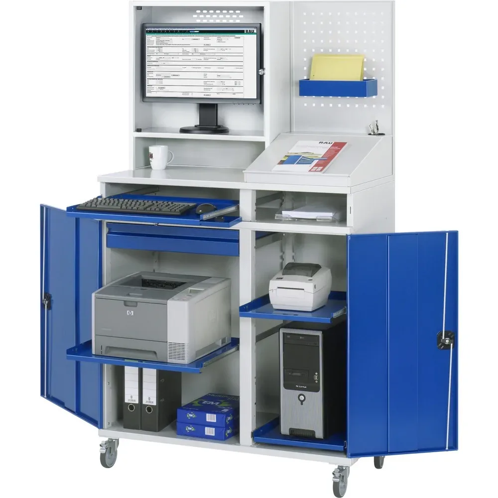 RAU mobiler Computer-Schrank, Monitorgehäuse, Tastaturauszug, Doppel-Flügeltür, Lochplattenrückwand, Schubladenanzahl x H x B: 1 x 80 x 650 mm