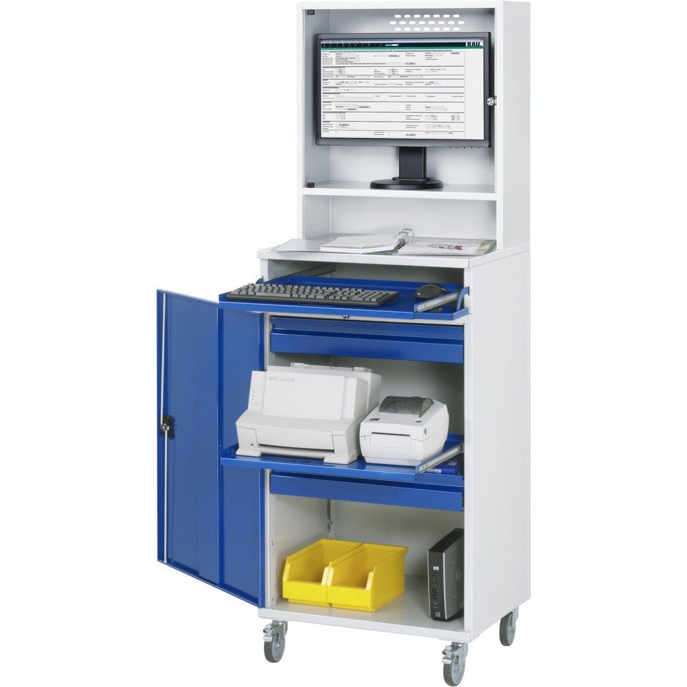 RAU mobiler Computer-Schrank, Monitorgehäuse, Tastaturauszug, Flügeltür, Schubladenanzahl x H x B: 2 x 80 x 570 mm