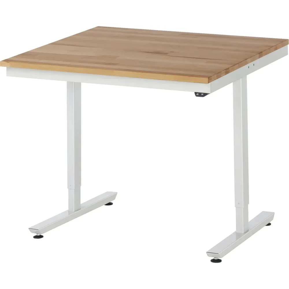 Rau Arbeitstisch Adlatus, elektrisch höhenverstellbar, 25 mm geölte Massivholzplatte, bis 150 kg, B 1000 x T 1000 x H 720-1120 mm, Buche/lichtgrau