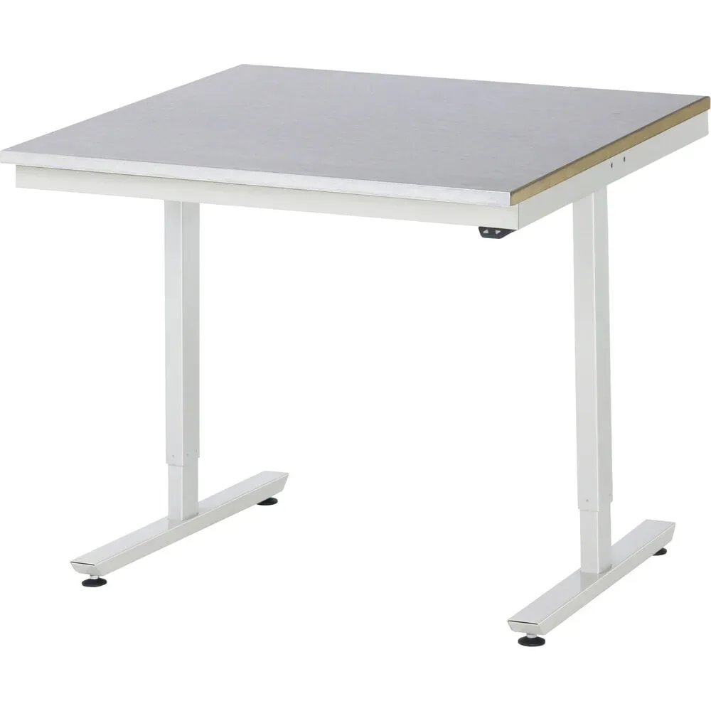 Rau Arbeitstisch Adlatus, elektrisch höhenverstellbar, 25 mm MDF-Platte, Edelstahlbelag, bis 150 kg, B 1000 x T 1000 x H 720-1120 mm, silber/lichtgrau