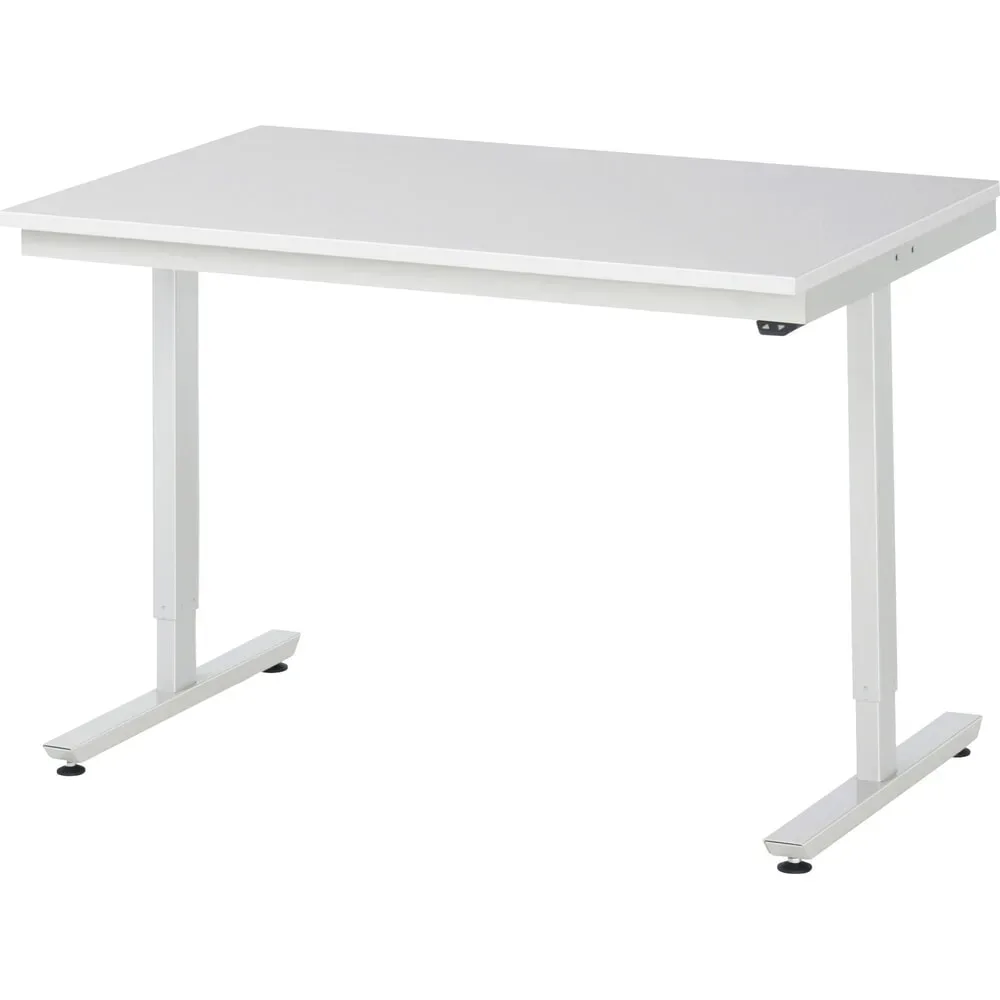 Rau ESD-Arbeitstisch Adlatus, elektrisch höhenverstellbar, 28 mm Spanplatte mit Melaminbelag, bis 150 kg, B 1250 x T 800 x H 720-1120 mm, lichtgrau