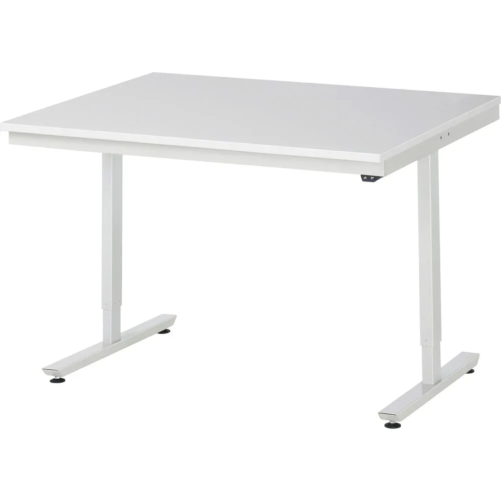 Rau ESD-Arbeitstisch Adlatus, elektrisch höhenverstellbar, 28 mm Spanplatte mit Melaminbelag, bis 150 kg, B 1250 x T 1000 x H 720-1120 mm, lichtgrau