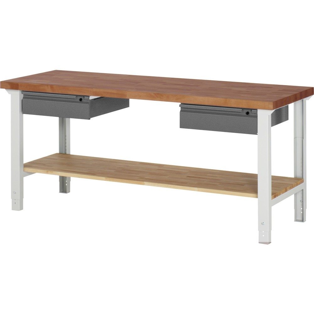 RAU Werkbank Serie 7000, Rotbuche-Massiv-Arbeitsplatte, 2 Schubladen, 1 Buche-Massiv-Ablageboden, HxBxT 790-1.140 x 2.000 x 700 mm, 2 Schubladen