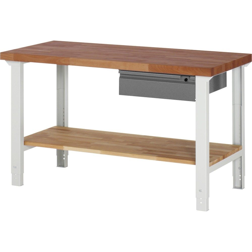 RAU Werkbank Serie 7000, Rotbuche-Massiv-Arbeitsplatte, 1 Schublade, 1 Buche-Massiv-Ablageboden, HxBxT 790-1.140 x 1.500 x 700 mm, 1 Schublade