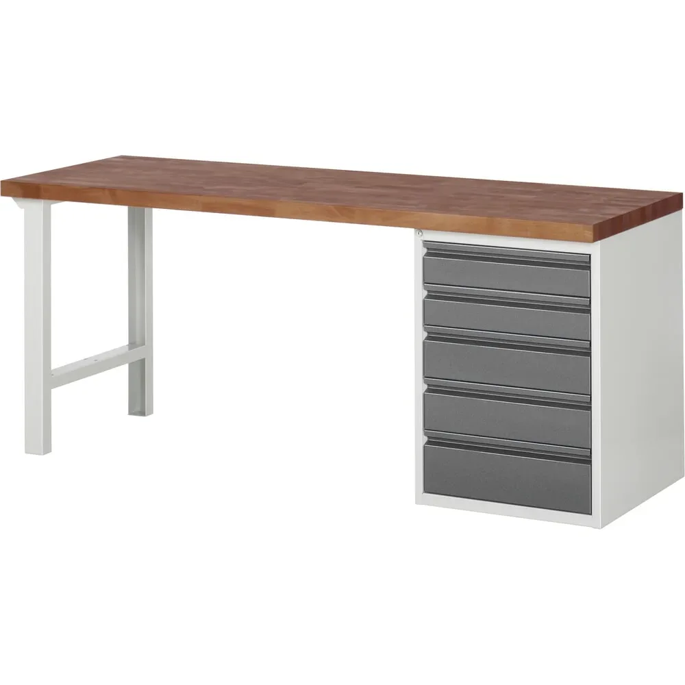 RAU Werkbank Serie 7000, Rotbuche-Massiv-Arbeitsplatte, 1 Container, HxBxT 890 x 2.000 x 700 mm, 5 Schubladen 2 x 120 mm, 2 x 150 mm, 1 x 180 mm