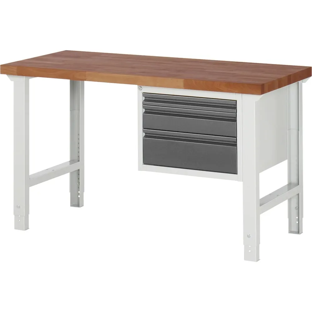 RAU Werkbank Serie 7000, Rotbuche-Massiv-Arbeitsplatte, 1 Container, HxBxT 790-1.140 x 1.500 x 700 mm, 3 Schubladen 1 x 60 mm, 1 x 120 mm, 1 x 180 mm
