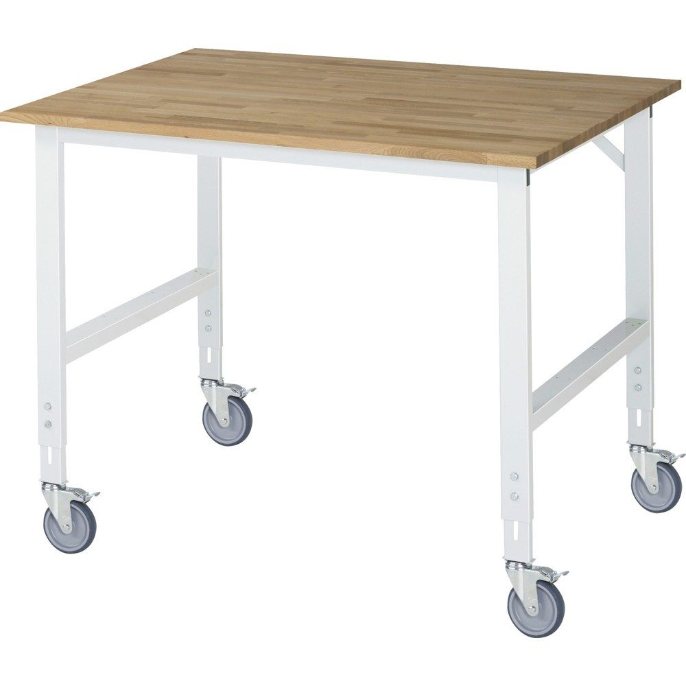 Fahrbarer Arbeitstisch, Gestell 60 x 30 mm, Platten-BxT 1250 x 1000 mm, Buche-Massivholzplatte RAU