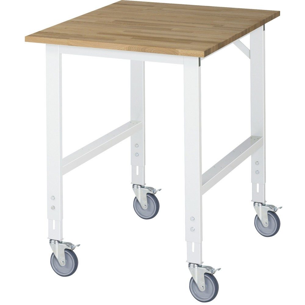 RAU höhenverstellbarer, mobiler Werktisch Serie TOM, Höhe 910-1.230 mm, BxT 750 x 1.000 mm, Arbeitplatte Buche-Massiv
