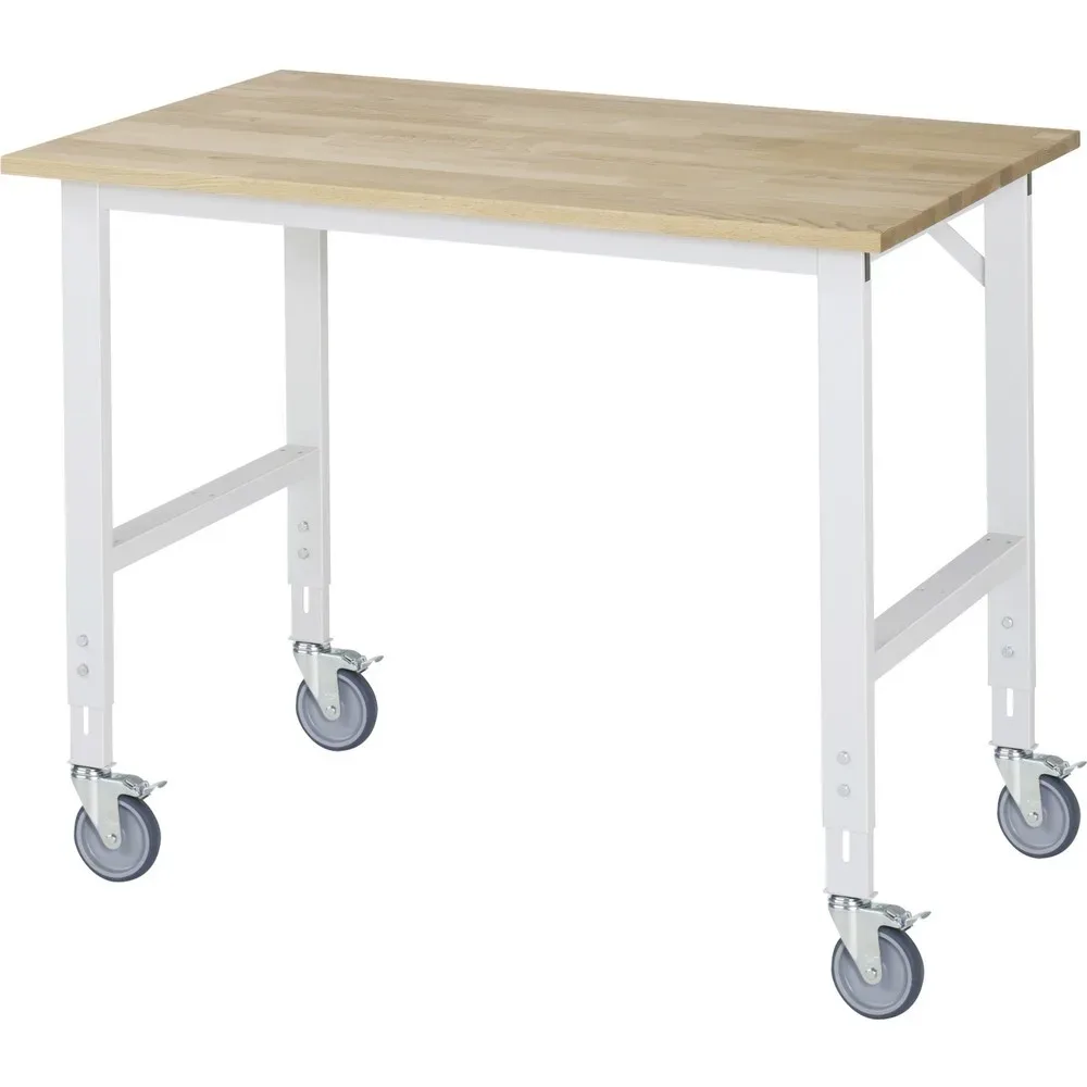 RAU höhenverstellbarer, mobiler Werktisch Serie TOM, Höhe 910-1.230 mm, BxT 1.250 x 800 mm, Arbeitplatte Buche-Massiv