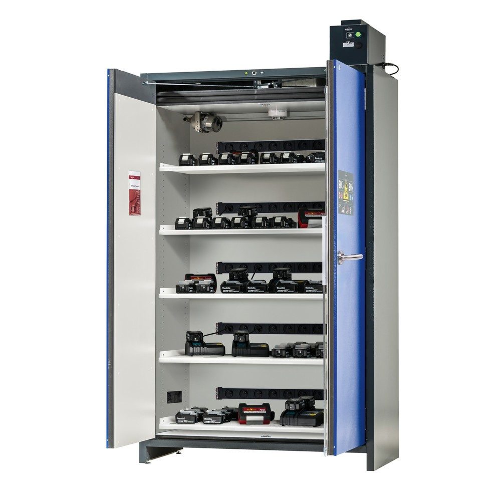 asecos® Sicherheitsschrank Typ 90 für Lithium-Ionen-Batterien ION-PRO-CHARGE, HxBxT 2224x1193x615 mm, 5x gelochte Fachböden, 5x Steckdosenleiste (CH-Ausführung), 1x Bodenauffangwanne