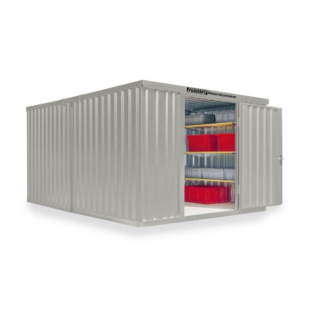 FLADAFI® Materialcontainer Kombination, lackiert, 2 Module, HxBxT 2.150 x 3.050 x 4.340 mm, zerlegt, Holzfussboden, grauweiss