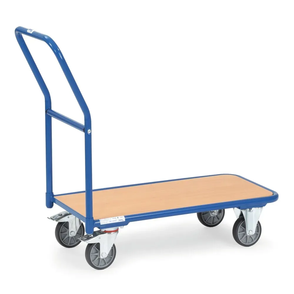 Magazinwagen, mit Holzplattform, L 850 x B 450 mm, bis 250 kg, Stahlrohr, blau