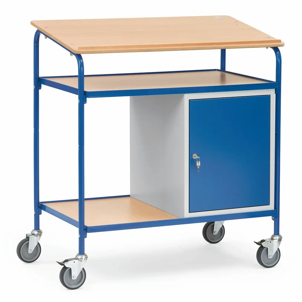 fetra® Rollpult, Tragkraft 100 kg, 2 Ablageböden, 1 Stahlschrank