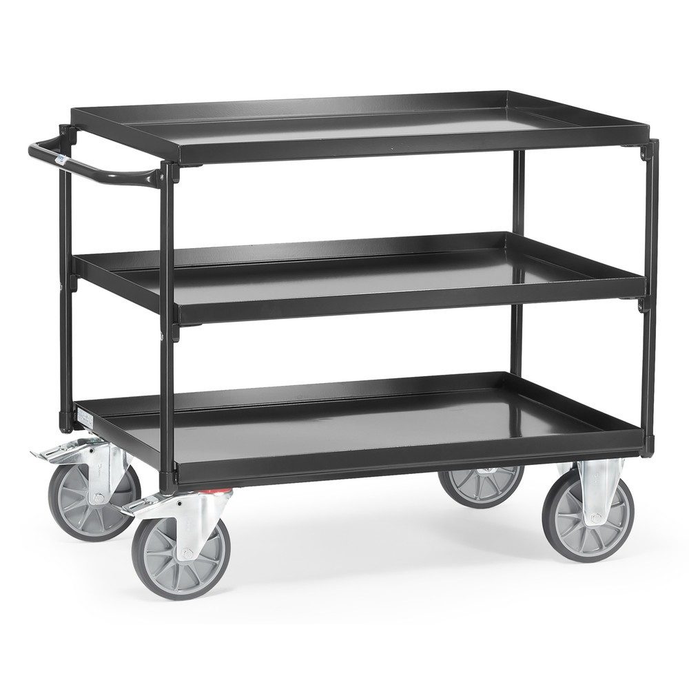 fetra® Tischwagen mit öldichten Wannen, 3 Etagen à 850 x 500 mm, waagerechter Bügel, anthrazitgrau