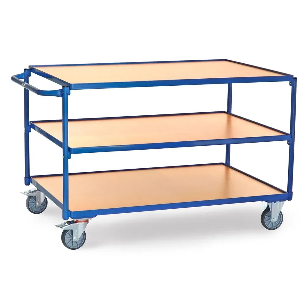 fetra® Tischwagen, TK 300 kg, 3 Etagen à 1.200 x 800 mm, waagerechter Schiebebügel