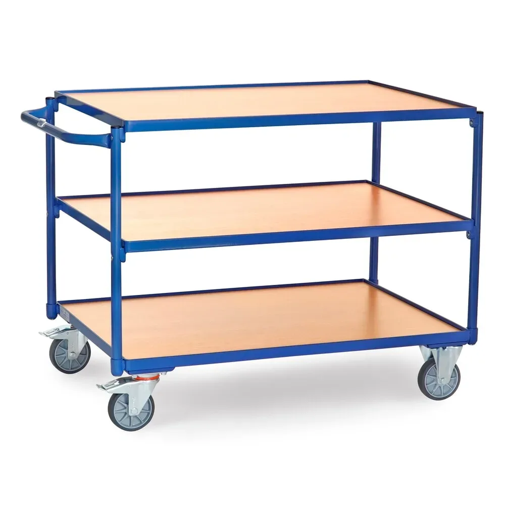 fetra® Tischwagen, TK 300 kg, 3 Etagen à 1.000 x 700 mm, waagerechter Schiebebügel