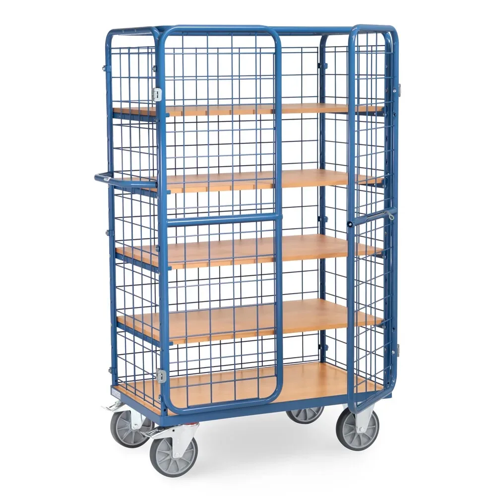 fetra® Schrankwagen, TK 600 kg, Gitterwände, mit Doppelflügeltür, 5 Etagen à 1.000 x 600 mm