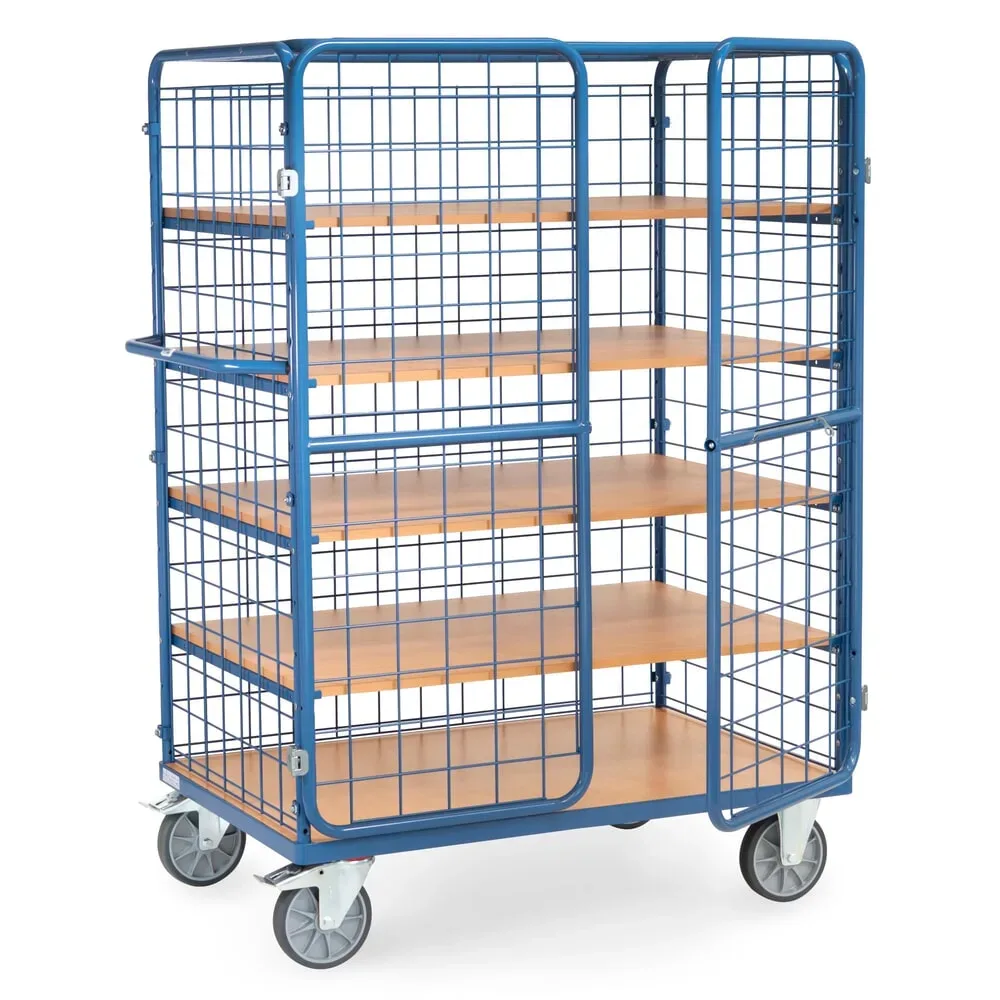 Paketwagen fetra®, 5 Etagen, Drahtgitter mit abschliessbaren Doppelflügeltüren, bis 600 kg, L 1200 x B 800 mm