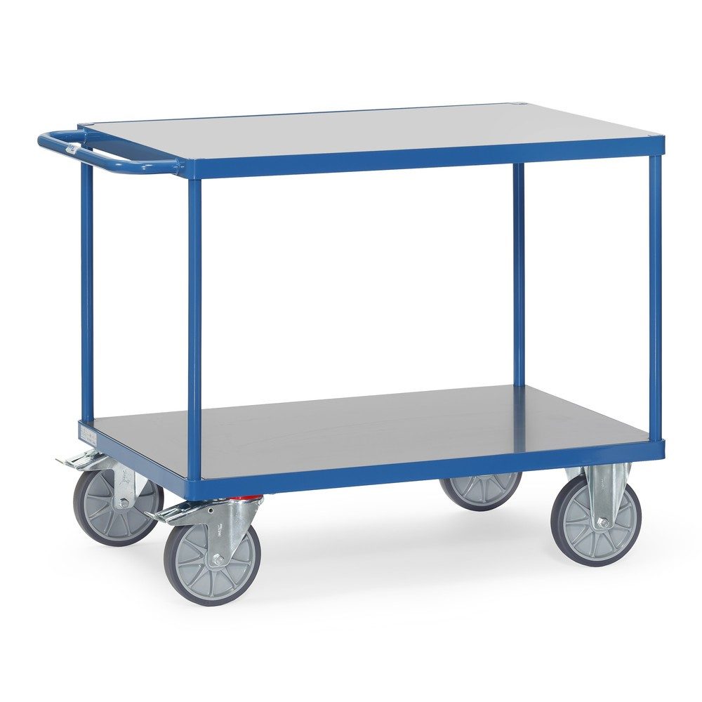 fetra® Schwerer Tisch- und Montagewagen, witterungsfeste Ladefläche, 2 Etagen à 800 x 1.200 mm, brillantblau