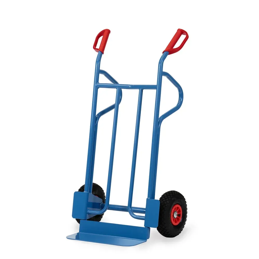 fetra® Stapelkarre, Höhe 1.200 mm, Tragkraft 350 kg, Schaufel BxT 450 x 150 mm, mit Ablagebügeln, Luft-Bereifung