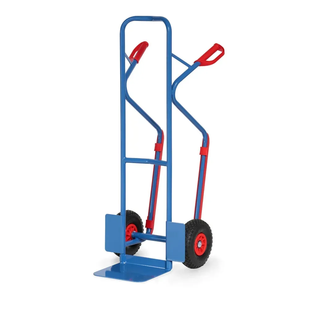 fetra® Stapelkarre, Tragkraft 300 kg, Schaufel BxT 320 x 250 mm, mit Gleitkufen, PU-Bereifung, brillantblau