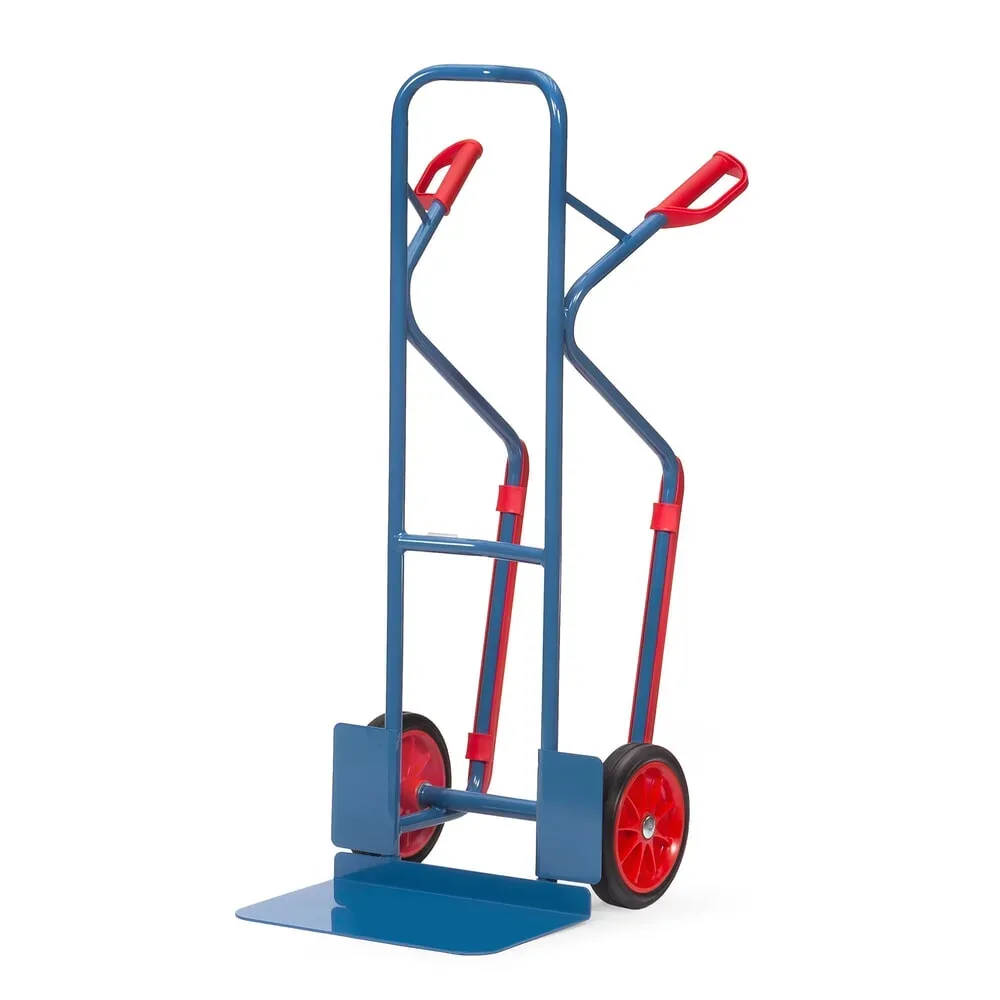 fetra® Stapelkarre, Tragkraft 300 kg, Schaufel BxT 480 x 300 mm, mit Gleitkufen, Vollgummi-Bereifung, brillantblau