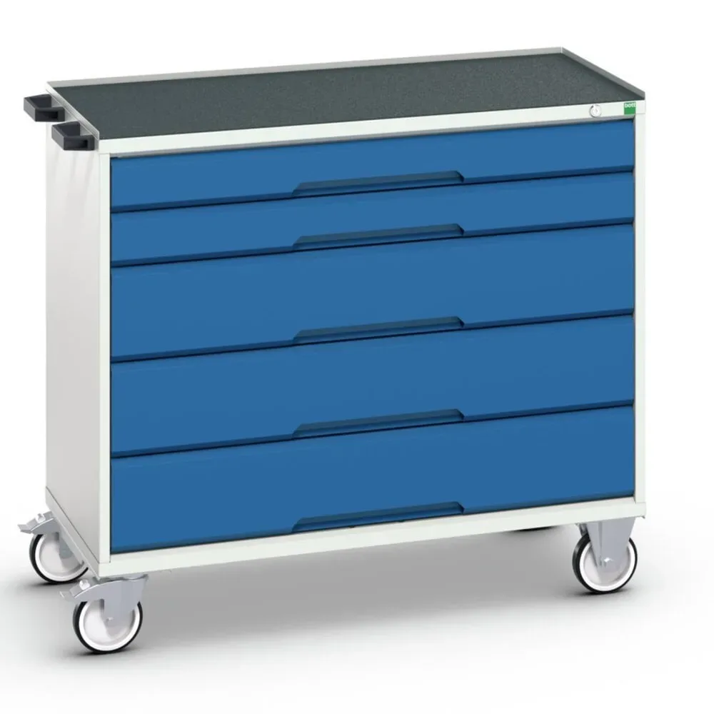 Mobiler Schubladenschrank Bott verso, 5 Schübe, bis 50 kg je Schub, Vollauszug, B 1050 x T 550 x H 965 mm, Stahlblech, Grau-Blau