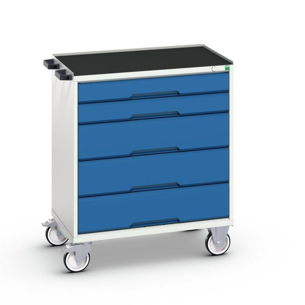 Mobiler Schubladenschrank Bott verso, 5 Schübe, bis 50 kg je Schub, Vollauszug, B 800 x T 550 x H 965 mm, Stahlblech, Grau-Blau