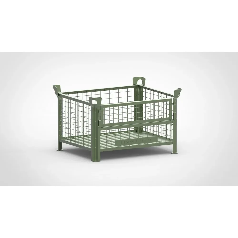 HESON® Industrie-Gitterbox, mit ½ Gitterklappe, lackiert, HxBxT 600 x 1.000 x 800 mm, resedagrün