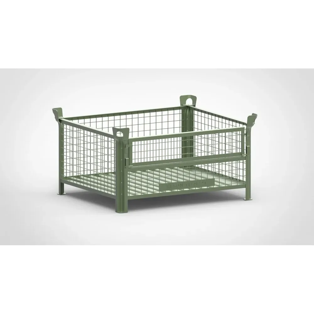 HESON® Industrie-Gitterbox, mit ½ Gitterklappe, lackiert, HxBxT 600 x 1.200 x 1.000 mm, resedagrün