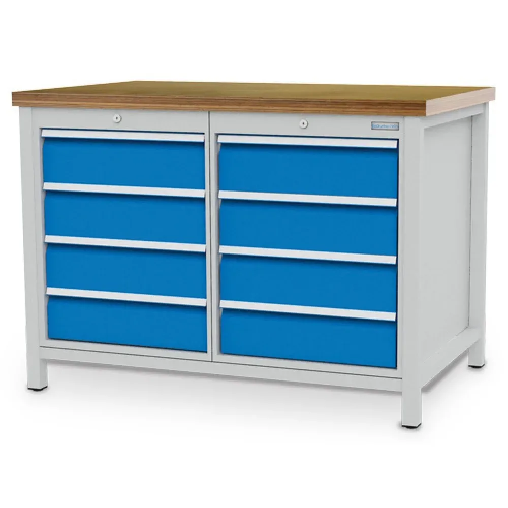 Bedrunka+Hirth Kastenwerkbank R 18-24, HxBxT 859 x 1.250 x 750 mm, lichtgrau, lichtblau, 8 Schubladen 8x150 mm